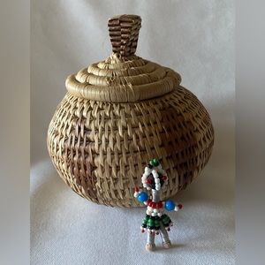 Hand Woven Native American Lidded Basket and Seed Bead Brooch